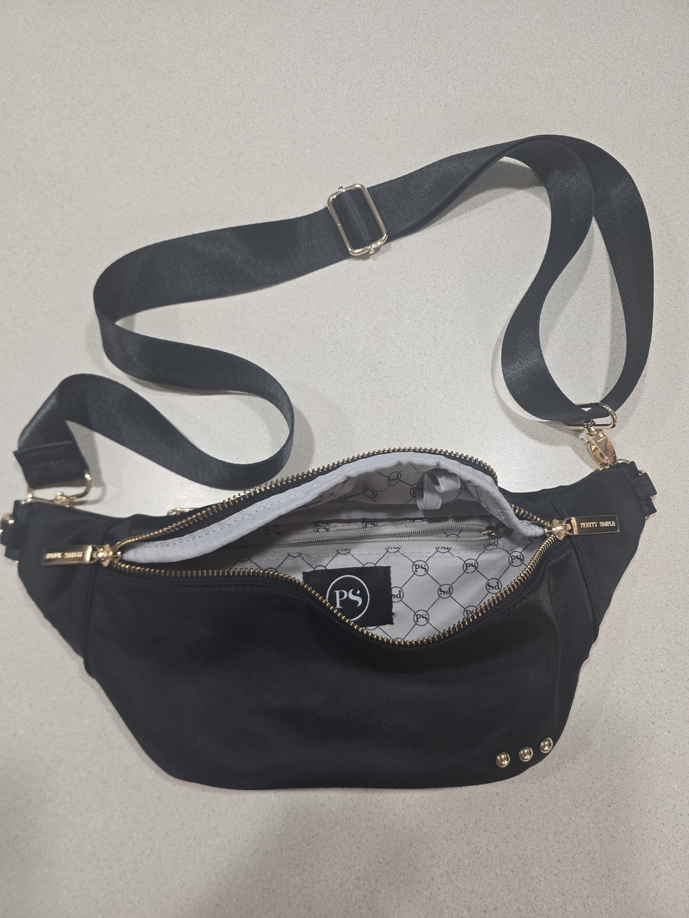 Pretty Simple Black Crossbody Belt Bag with Gold Accents